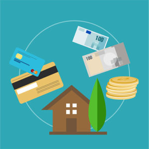 Ilustración de casa y tarjetas de crédito y dinero alrededor financiación de empresa de reformas