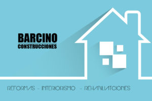 Dibujo de una casa con logo de Barcino y eslogan Reformas Interiorismo Rehabilitaciones
