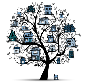 Ilustración de árbol con casas posadas en las ramas