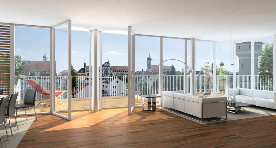 Salón con vistas amplias ventanas suelo de parque y matrimonio en la terraza Reformas Integrales de Barcino Construcciones